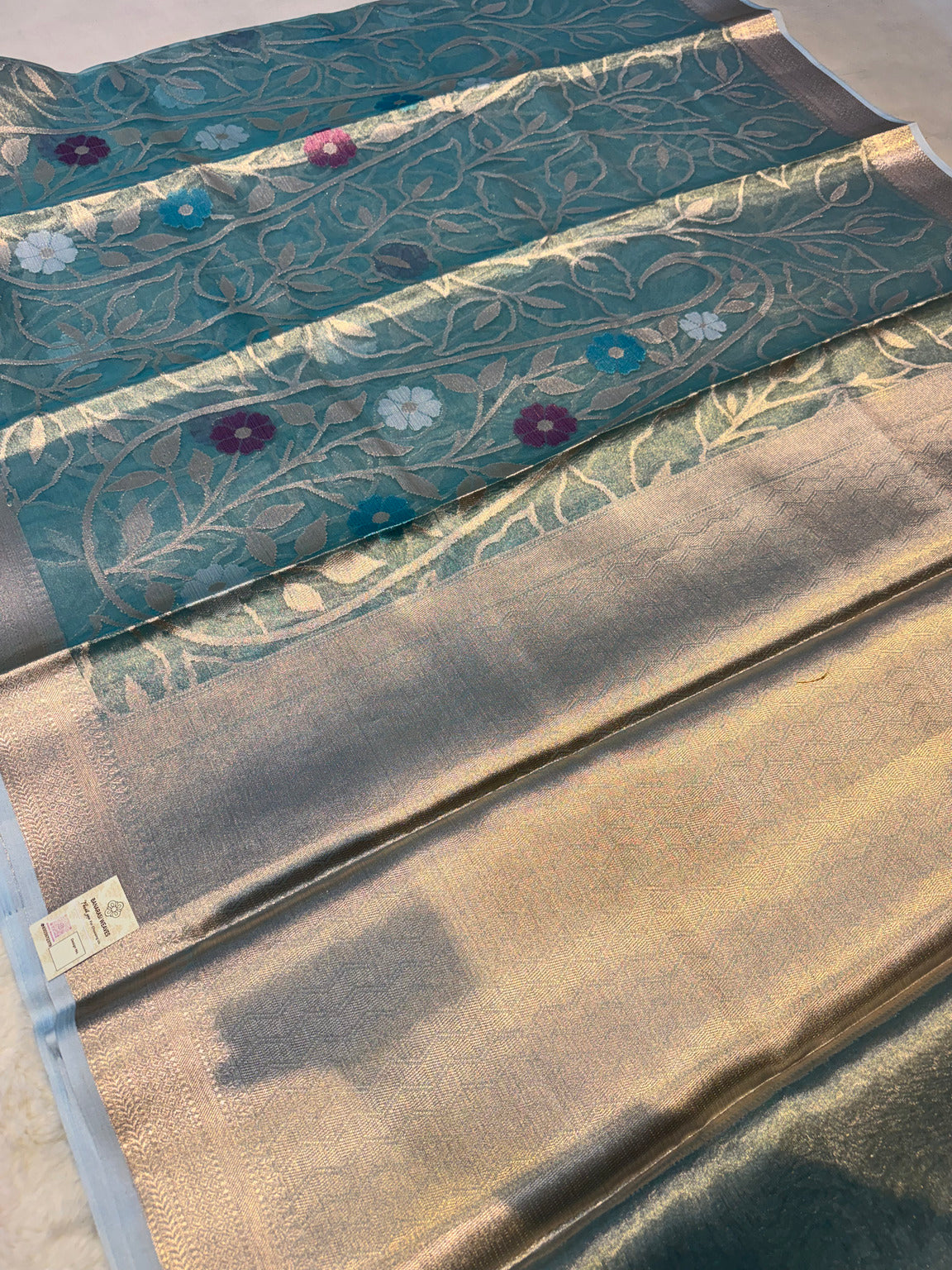 Turquoise Blue Banarasi Soft Semi Tissue Silk Saree