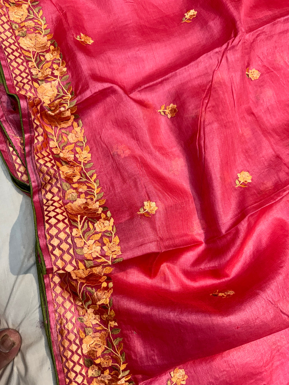 Reddish Pink Embroidery Tusser Silk Saree