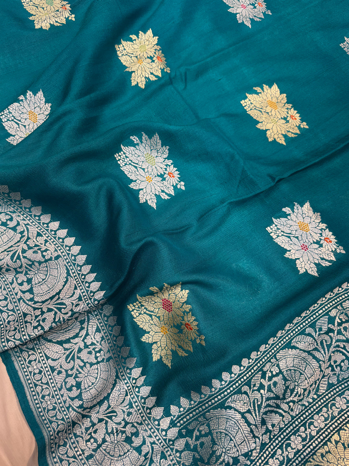 Aqua Blue Pure Banarasi Tusser Silk Saree