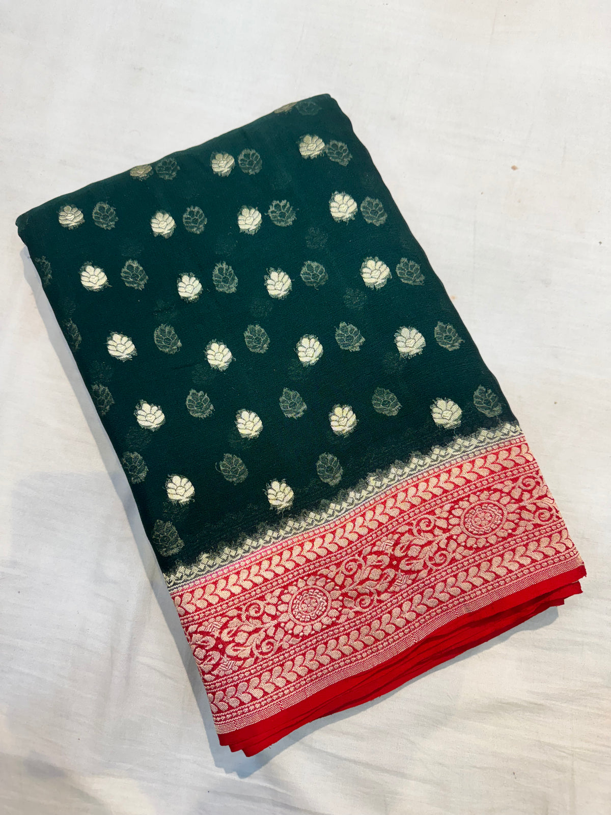 Deep Green Water Gold Zari Banarasi Pure Khaddi Georgette Silk Saree