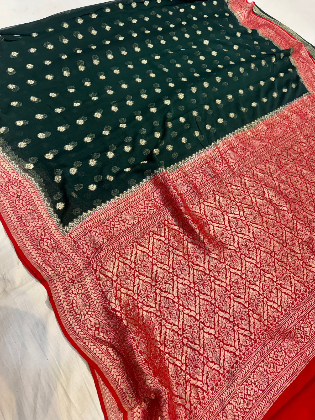 Deep Green Water Gold Zari Banarasi Pure Khaddi Georgette Silk Saree