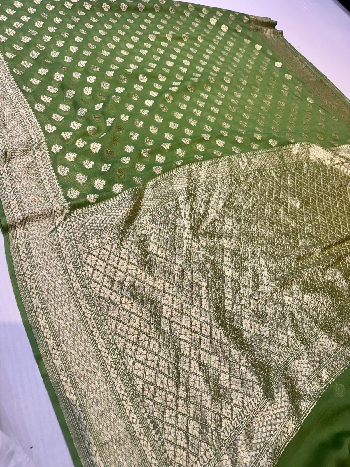 Green Water Gold Zari Banarasi Handloom Pure Khaddi Georgette Silk Saree