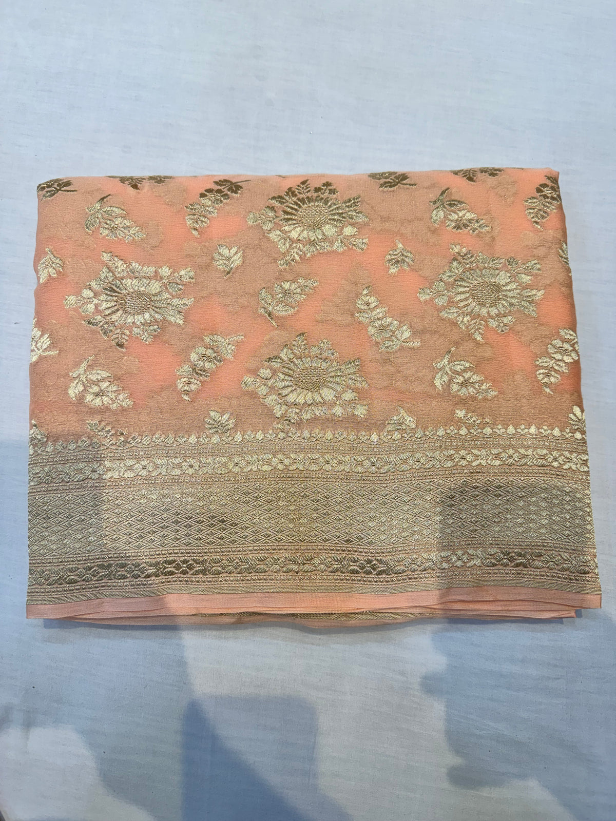 Peach Water Gold Banarasi Handloom Pure Khaddi Georgette Silk Saree
