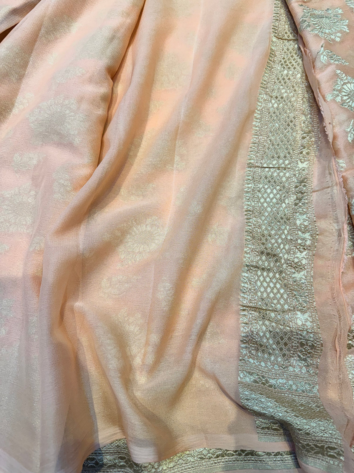 Peach Water Gold Banarasi Handloom Pure Khaddi Georgette Silk Saree