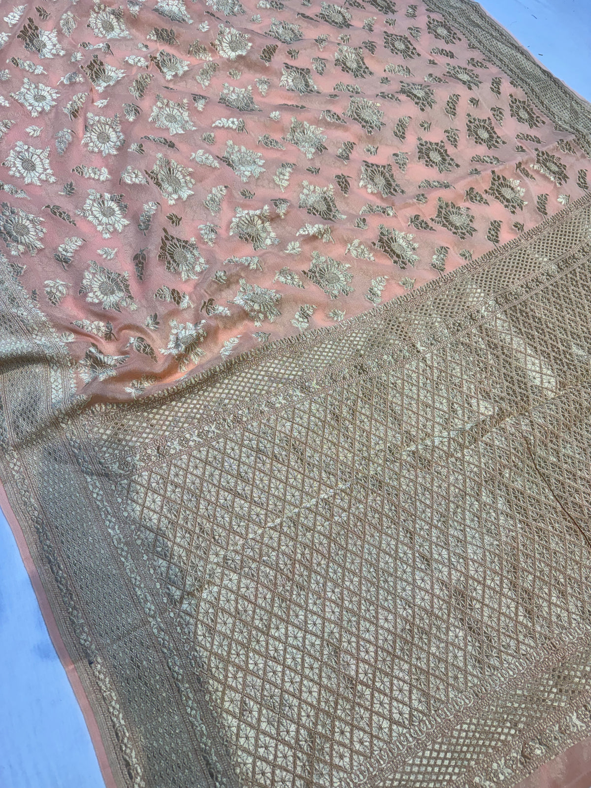 Peach Water Gold Banarasi Handloom Pure Khaddi Georgette Silk Saree