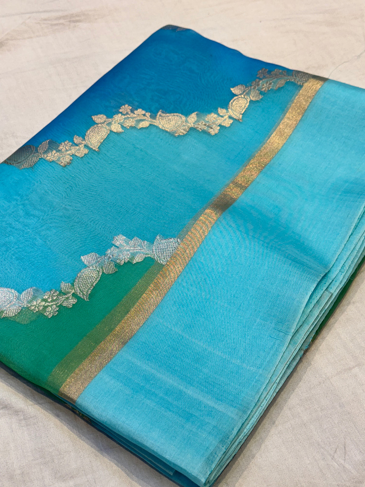 Turquoise Blue Rangkat Banarasi Kora Silk Saree