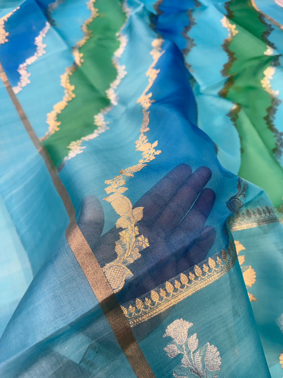 Turquoise Blue Rangkat Banarasi Kora Silk Saree
