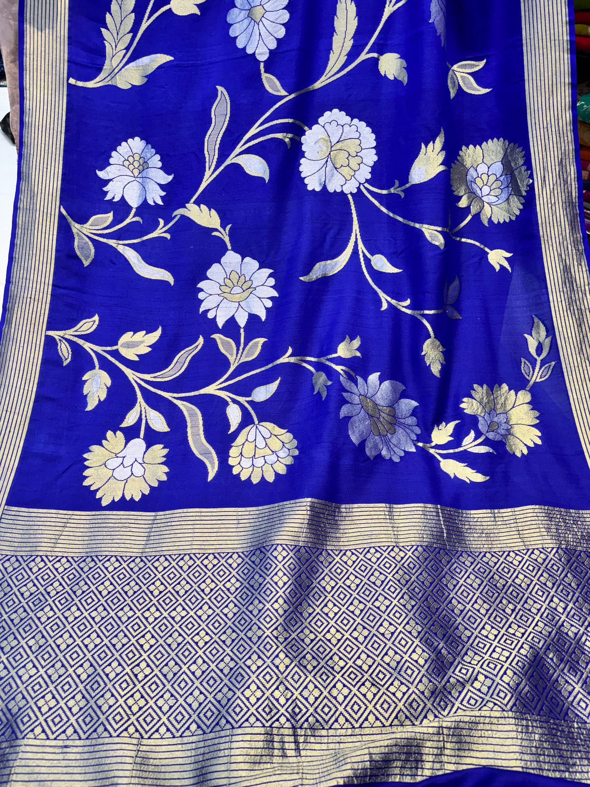 Royal Blue Sona Rupa Floral Jaal Handloom Banarasi Pure Tusser Georgette Silk Saree