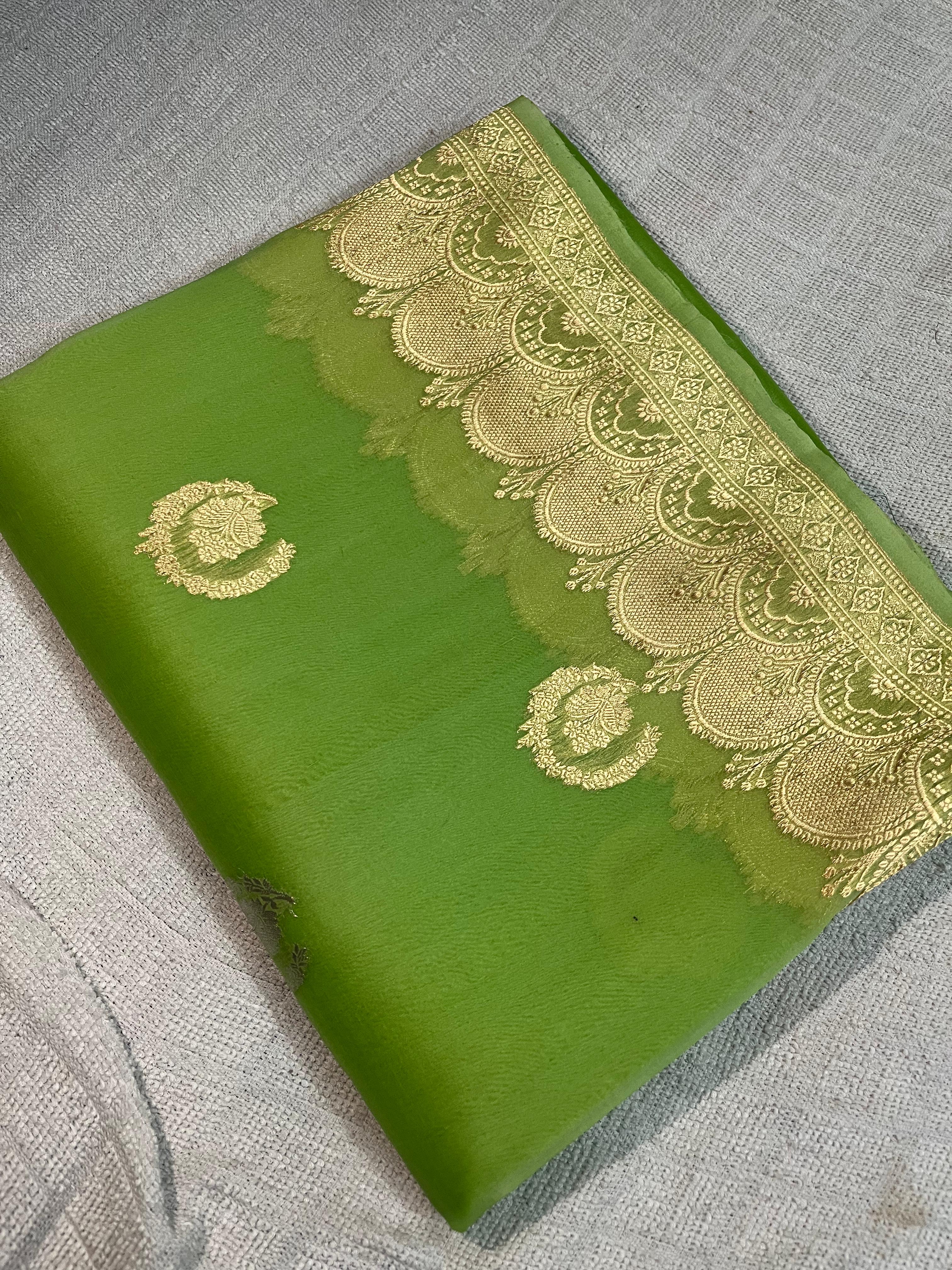 Handwoven Parrot Green Banarasi Organza Saree