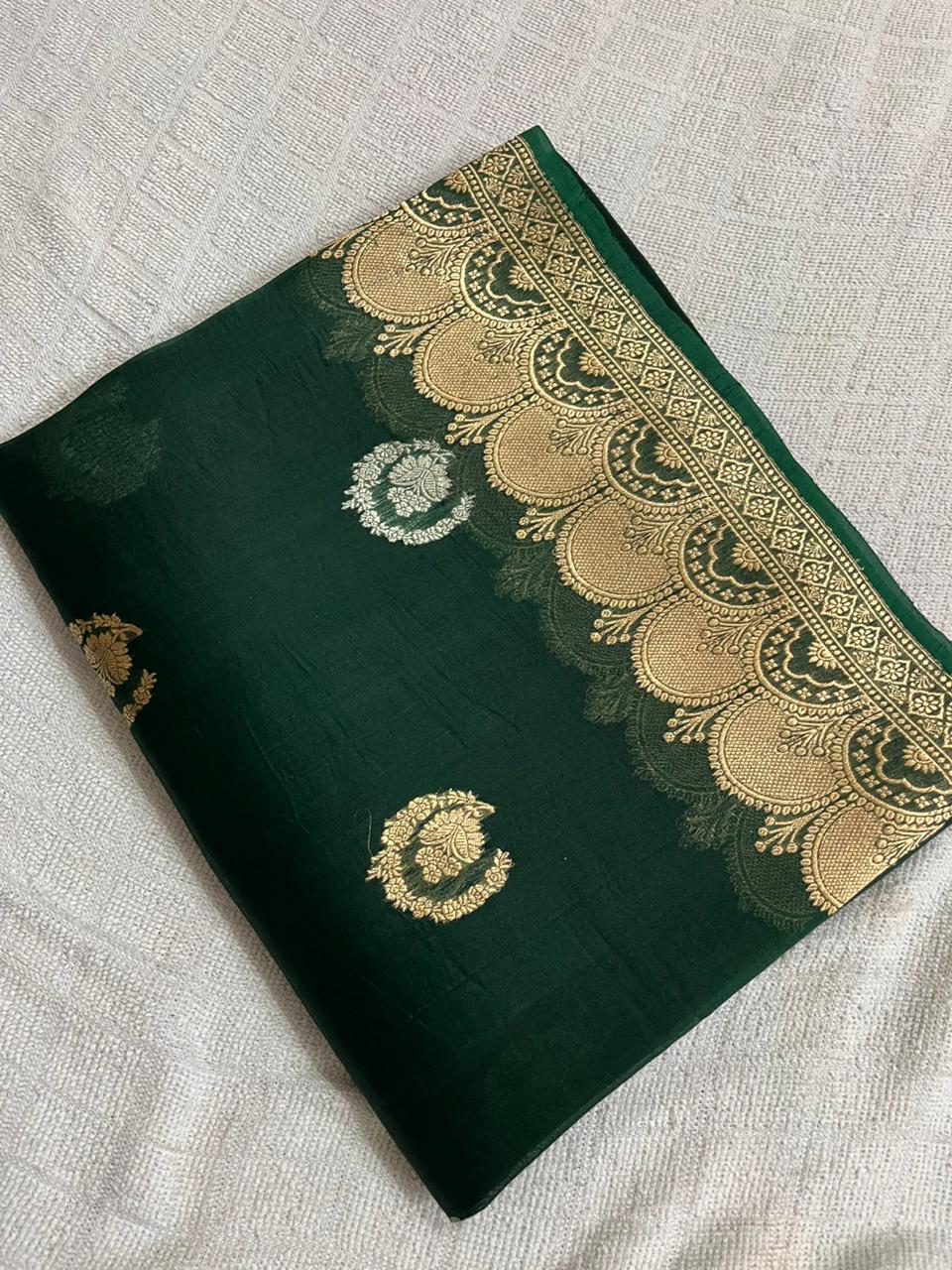 Handwoven Dark Green Banarasi Organza Saree