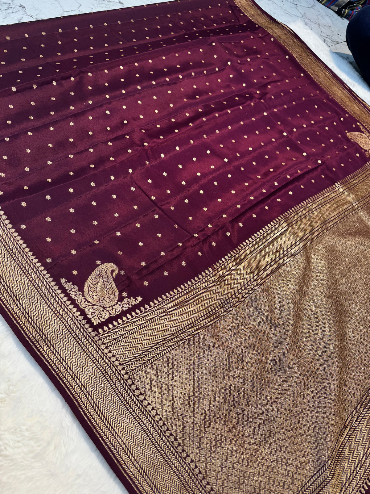 Maroon Booti Handloom Banarasi Pure Khaddi Crape Silk Saree