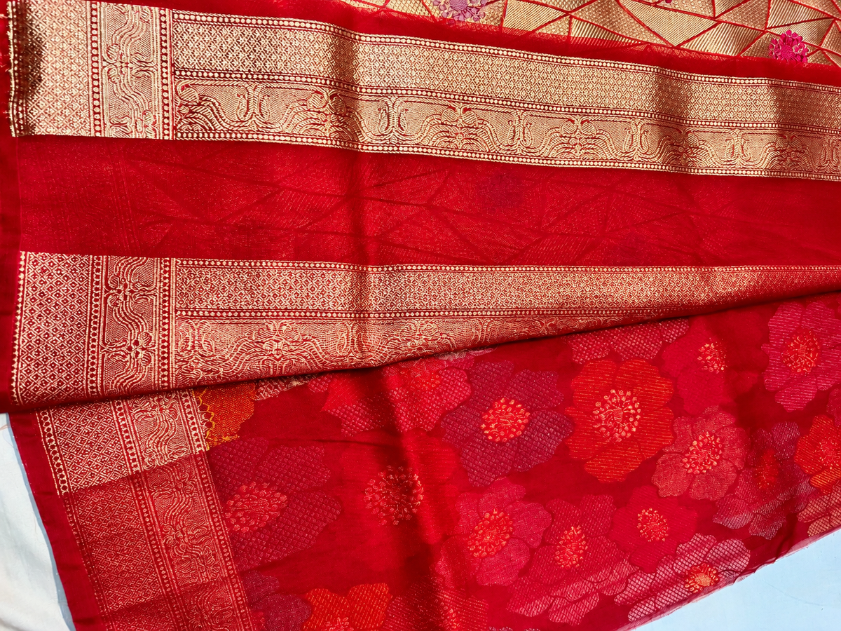 Red Tilfi Meenakari Handloom Banarasi Pure Kora Silk Saree