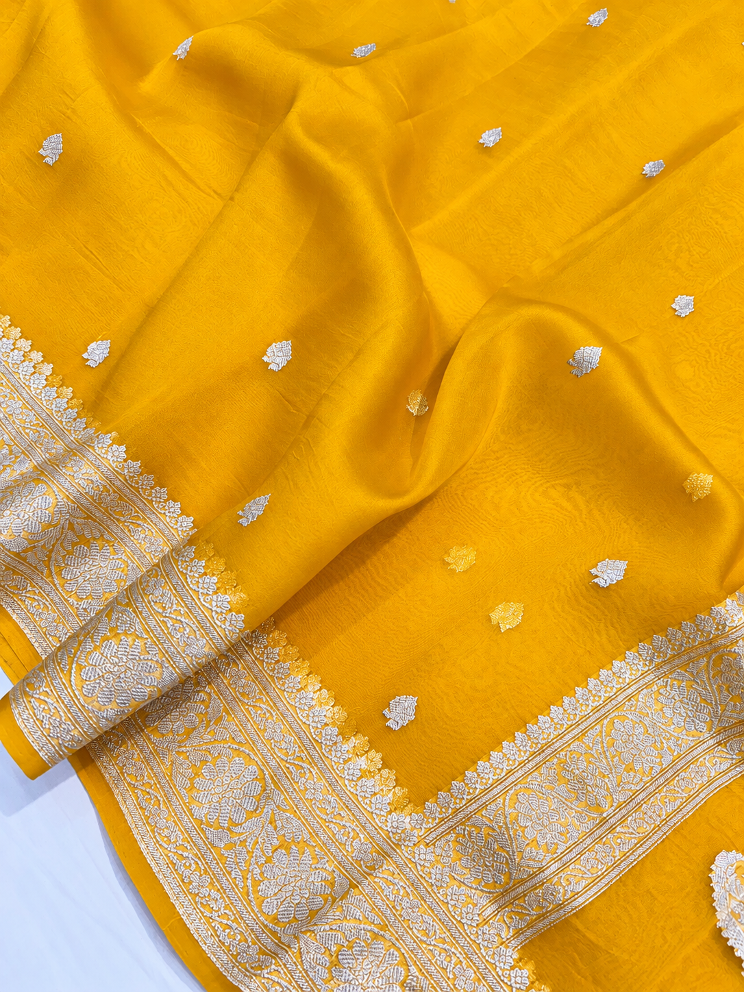 Yellow Silver Zari Handloom Banarasi Kora Silk Saree
