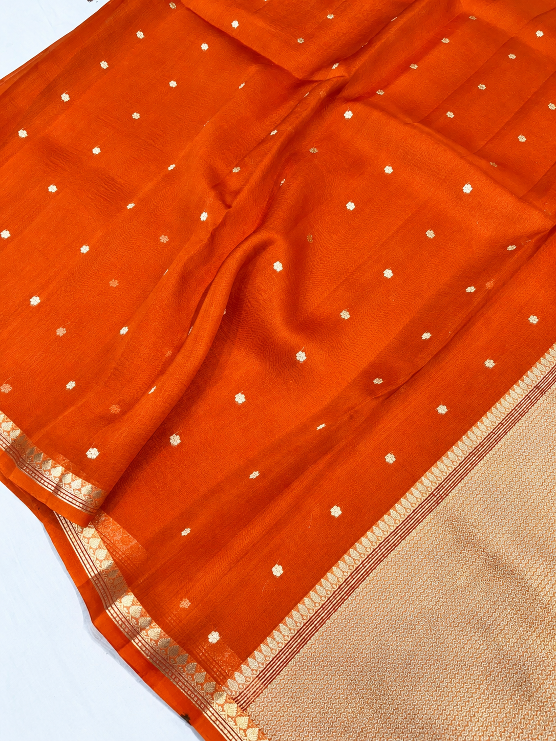 Orange Kadhwa Buti Handloom Banarasi Pure Kora Silk Saree