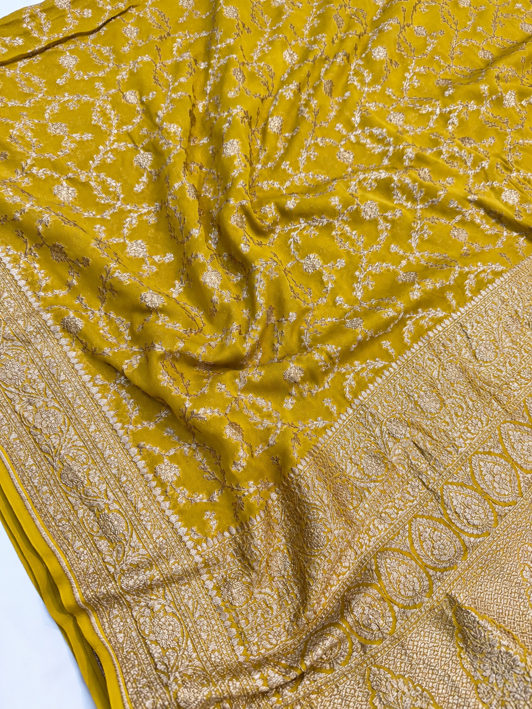 Yellow Allover Jaal Handloom Banarasi Pure Khaddi Georgette Silk Saree