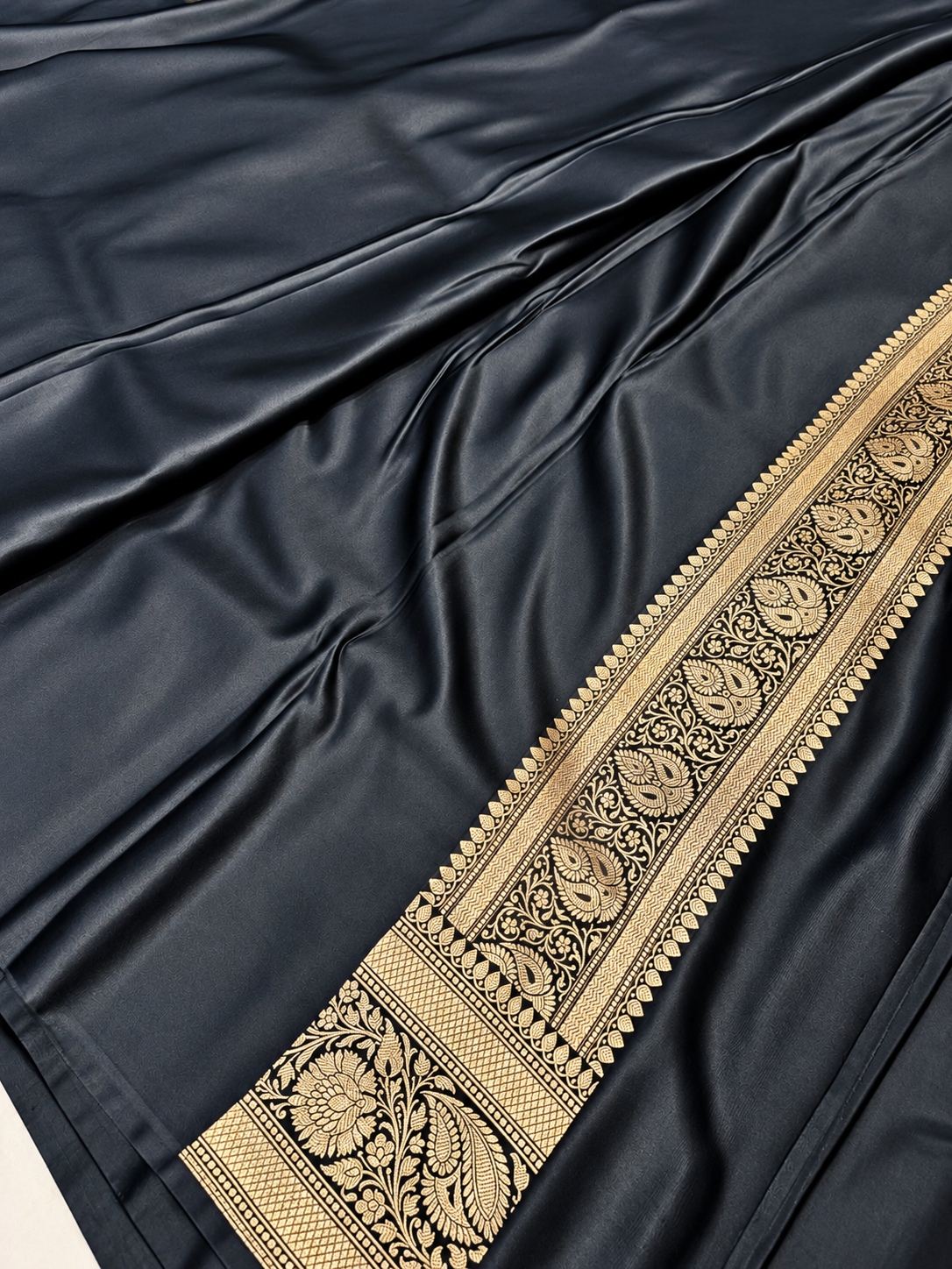 Jet Black Handloom Banarasi Mashru Silk Saree