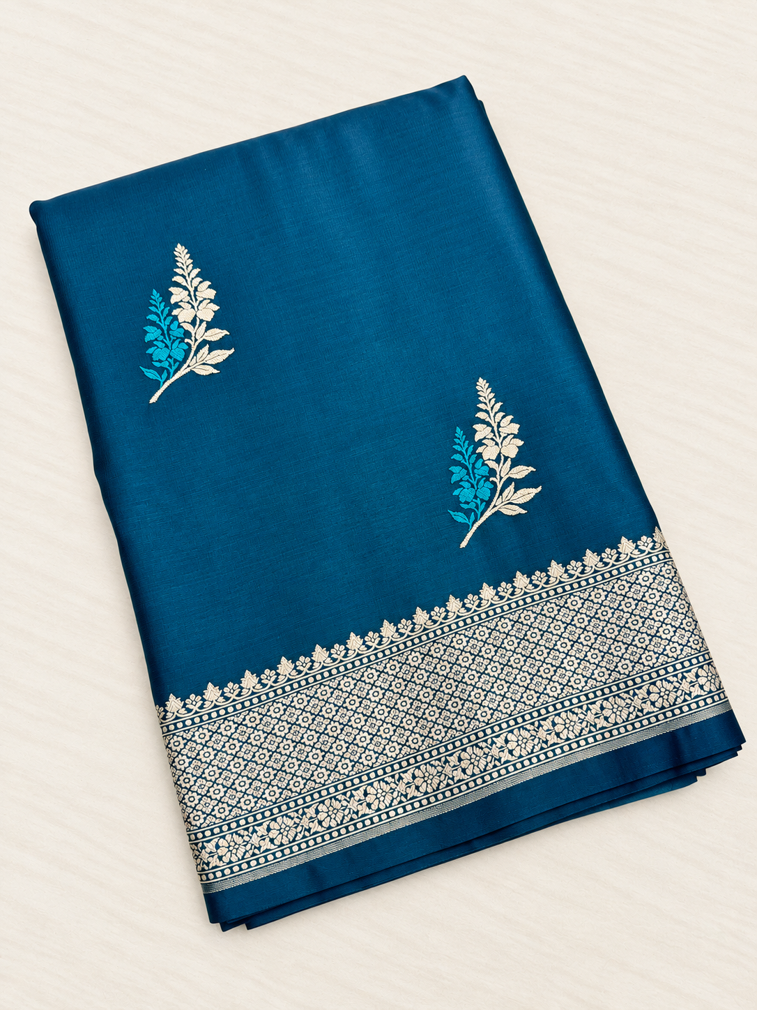 Teal Blue Resham Buta Handloom Banarasi Mashru Silk Saree