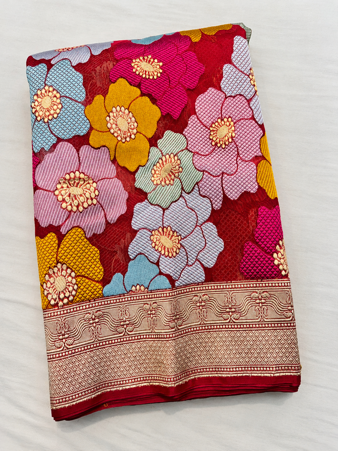 Red Tilfi Meenakari Handloom Banarasi Pure Kora Silk Saree