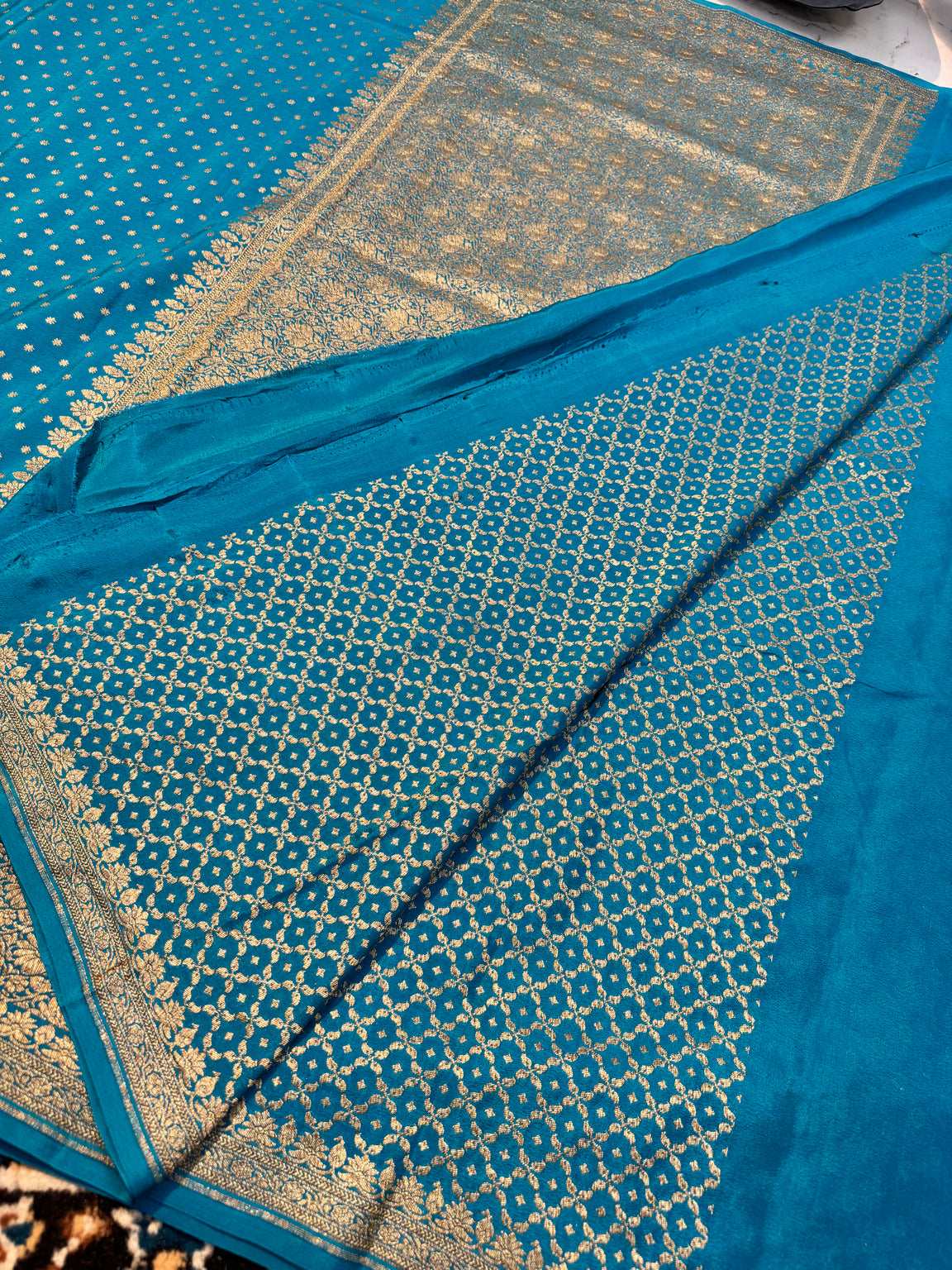 Aqua Blue Banarasi Pure Khaddi Crepe Silk Saree