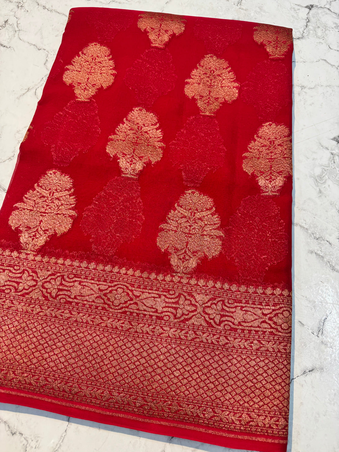 Red Allover Buta Banarasi Pure Khaddi Crepe Silk Saree