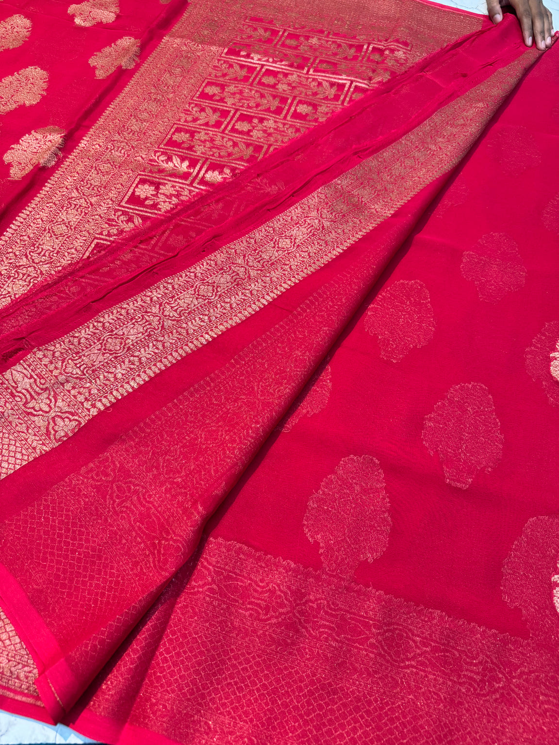 Red Allover Buta Banarasi Pure Khaddi Crepe Silk Saree
