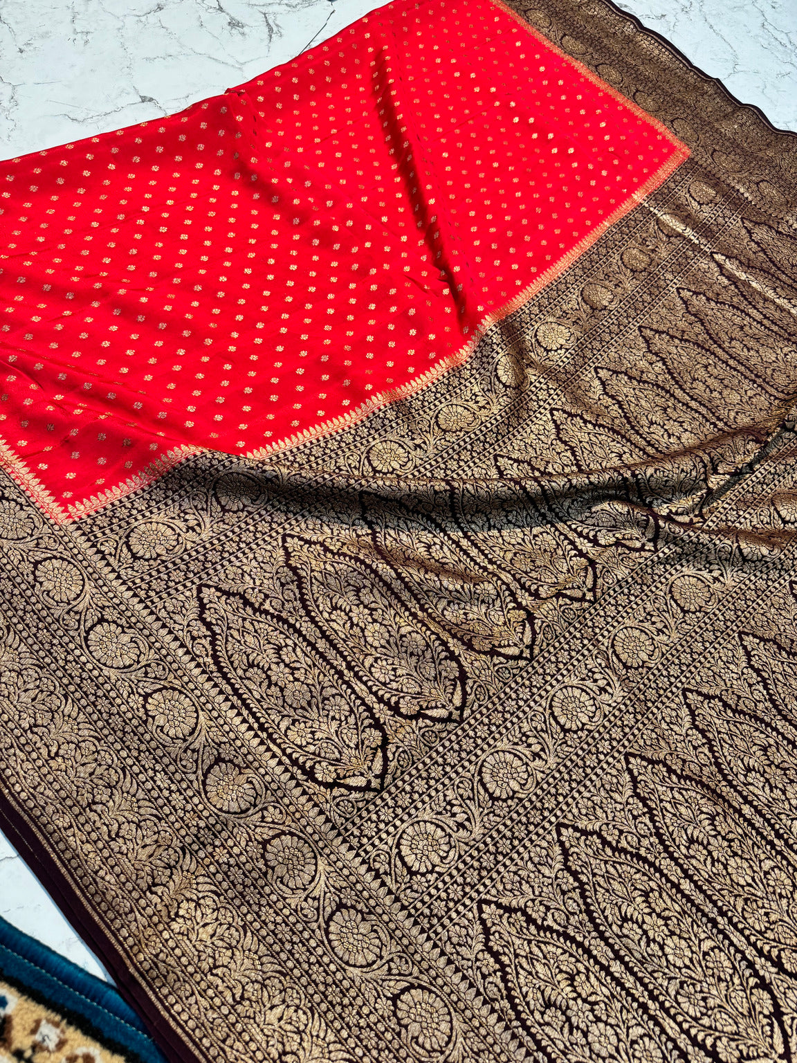 Red Banarasi Pure Khaddi Crepe Silk Saree with Contrast Pallu