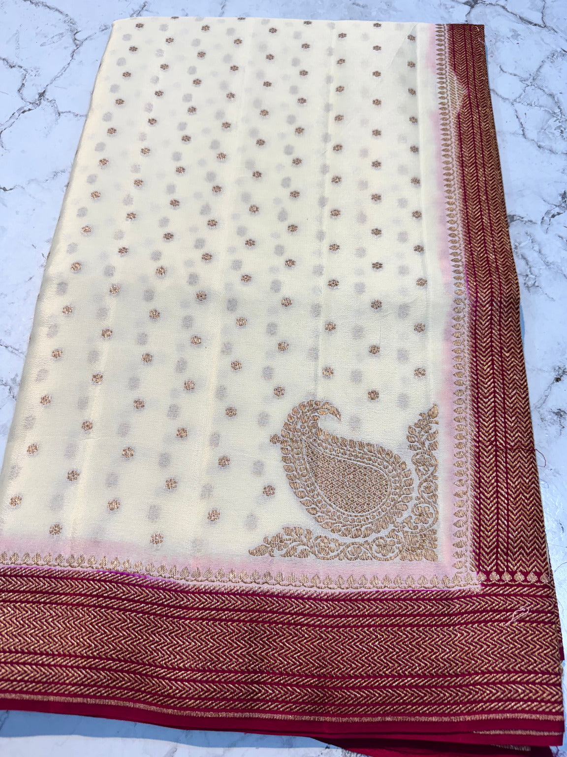 White Banarasi Pure Khaddi Crepe Silk Saree with Contrast Pallu