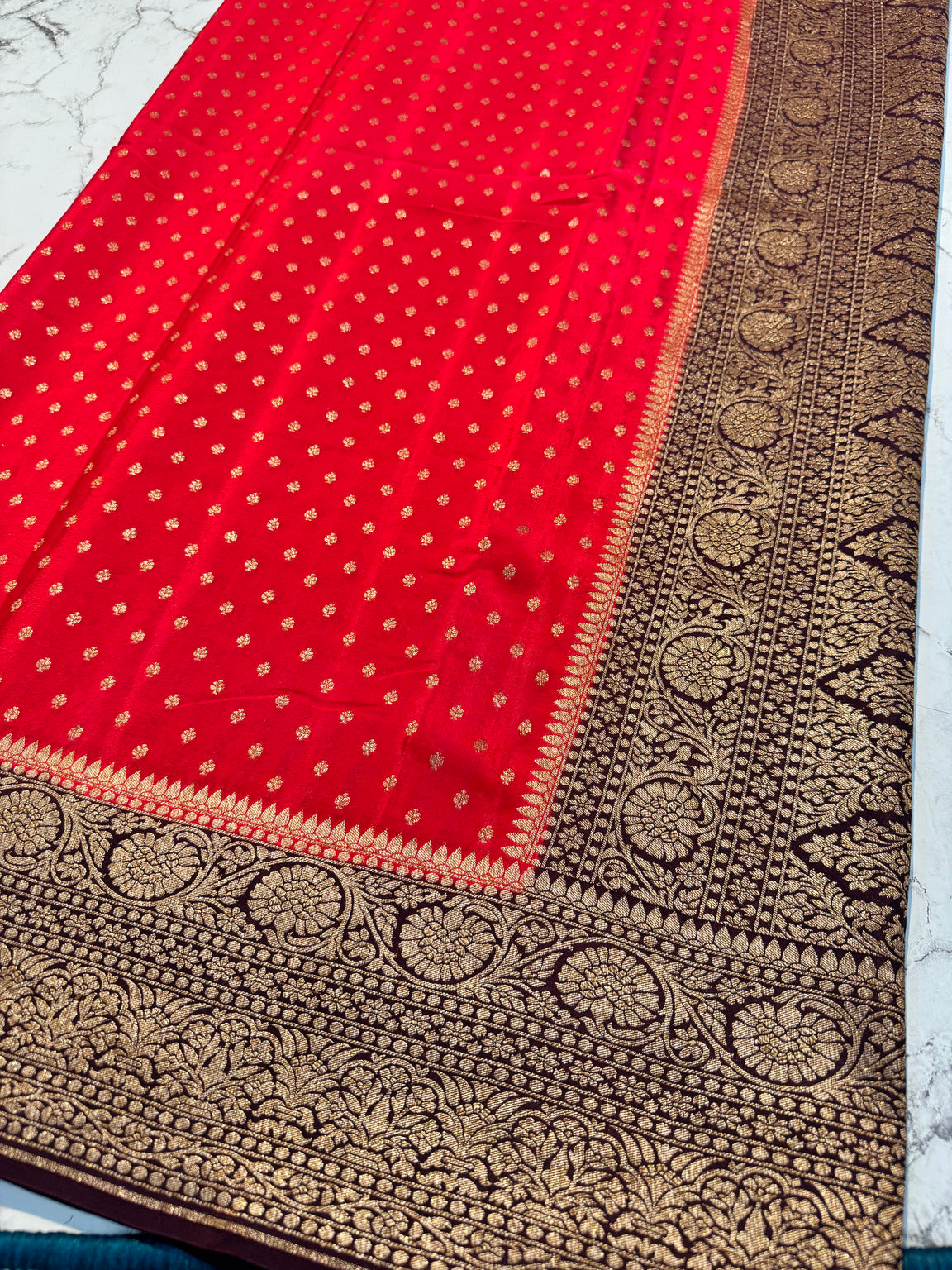 Red Banarasi Pure Khaddi Crepe Silk Saree with Contrast Pallu