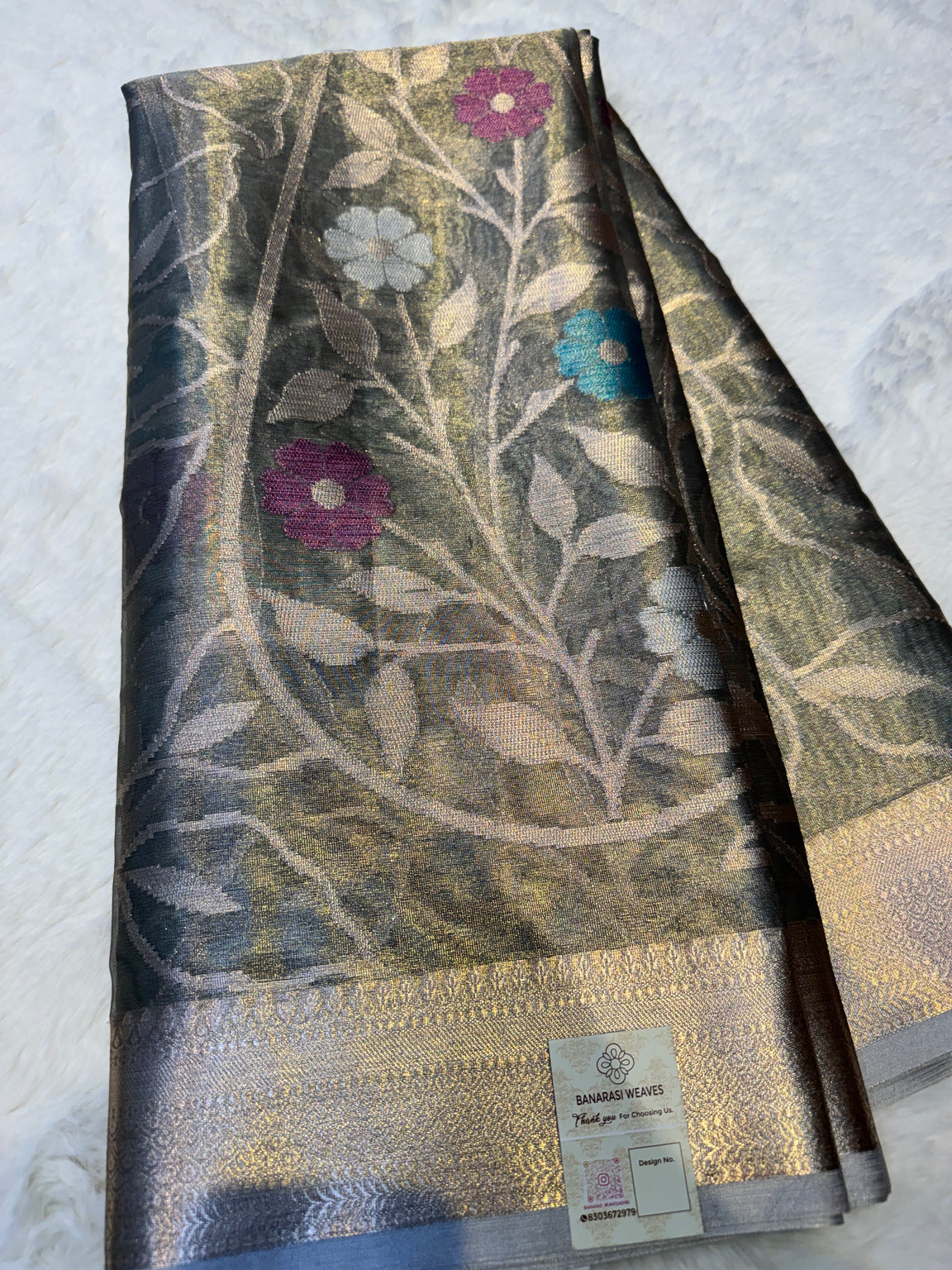 Charcoal Grey Banarasi Soft Semi Tissue Silk Saree