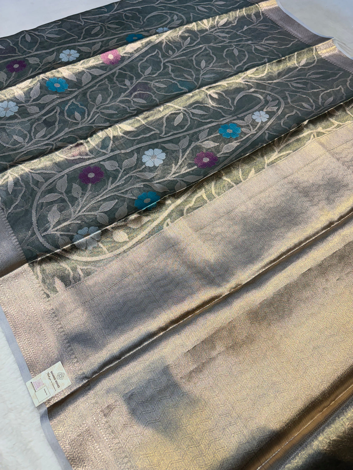 Charcoal Grey Banarasi Soft Semi Tissue Silk Saree