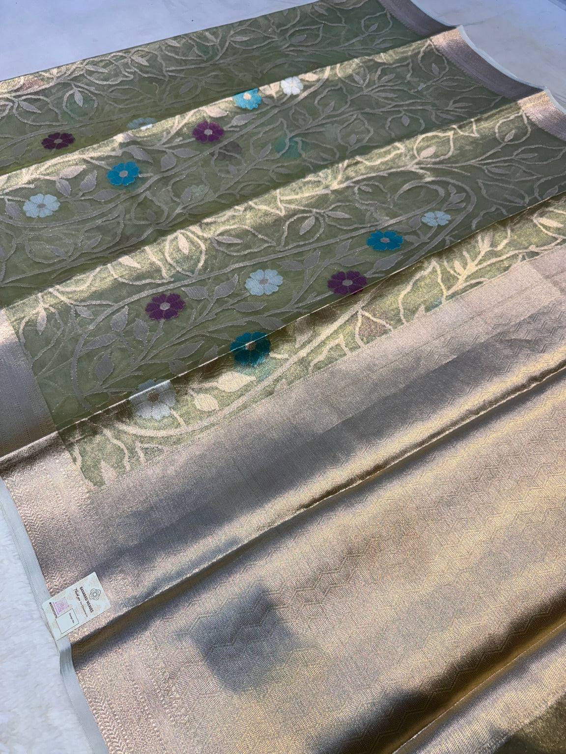 Olive Green Banarasi Soft Semi Tissue Silk Saree