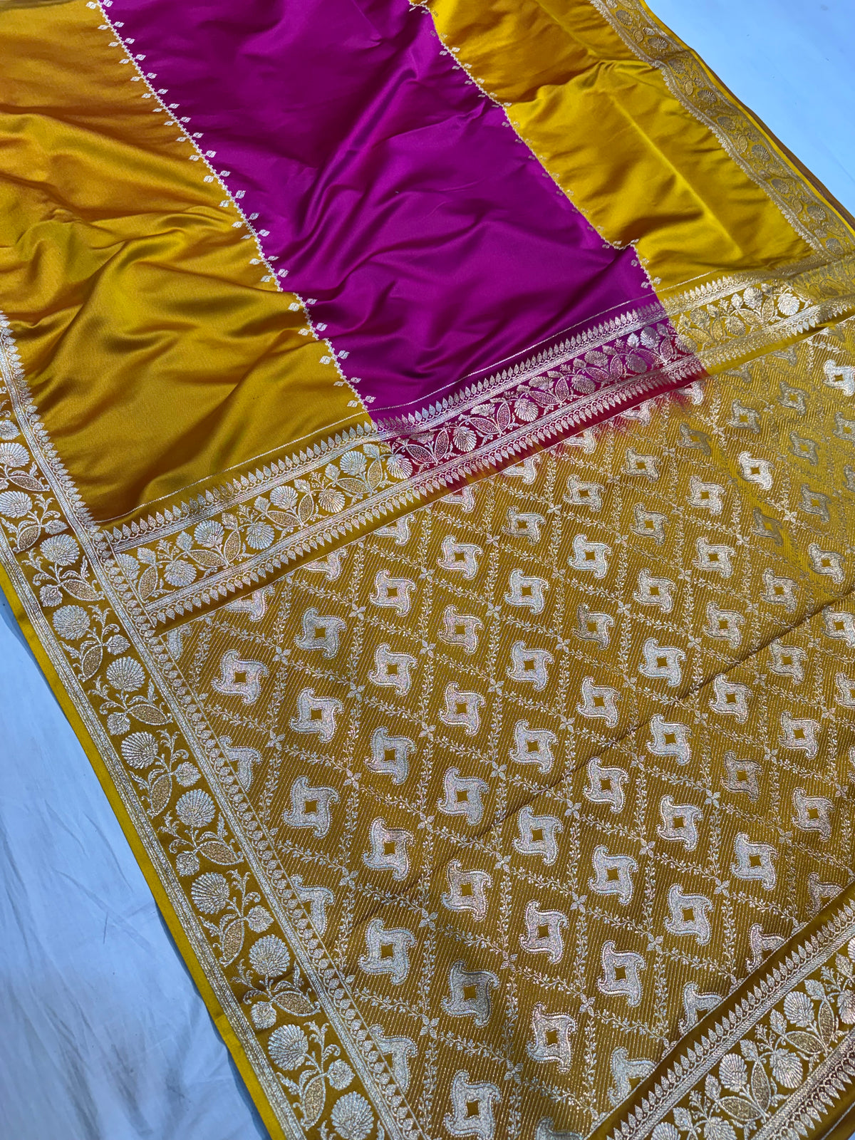 Mustard Yellow Pure Banarasi Soft Satin Mashru Silk Saree