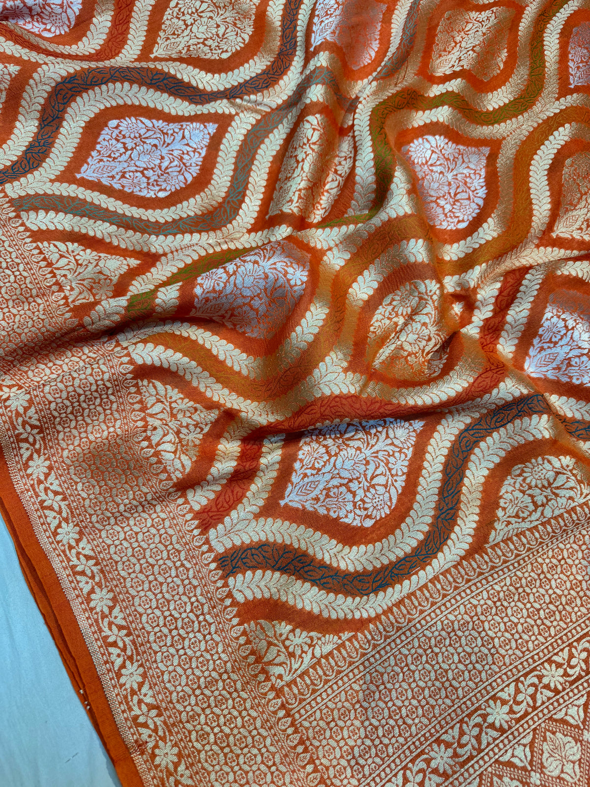 Orange Banarasi Pure Tusser Georgette Silk Saree