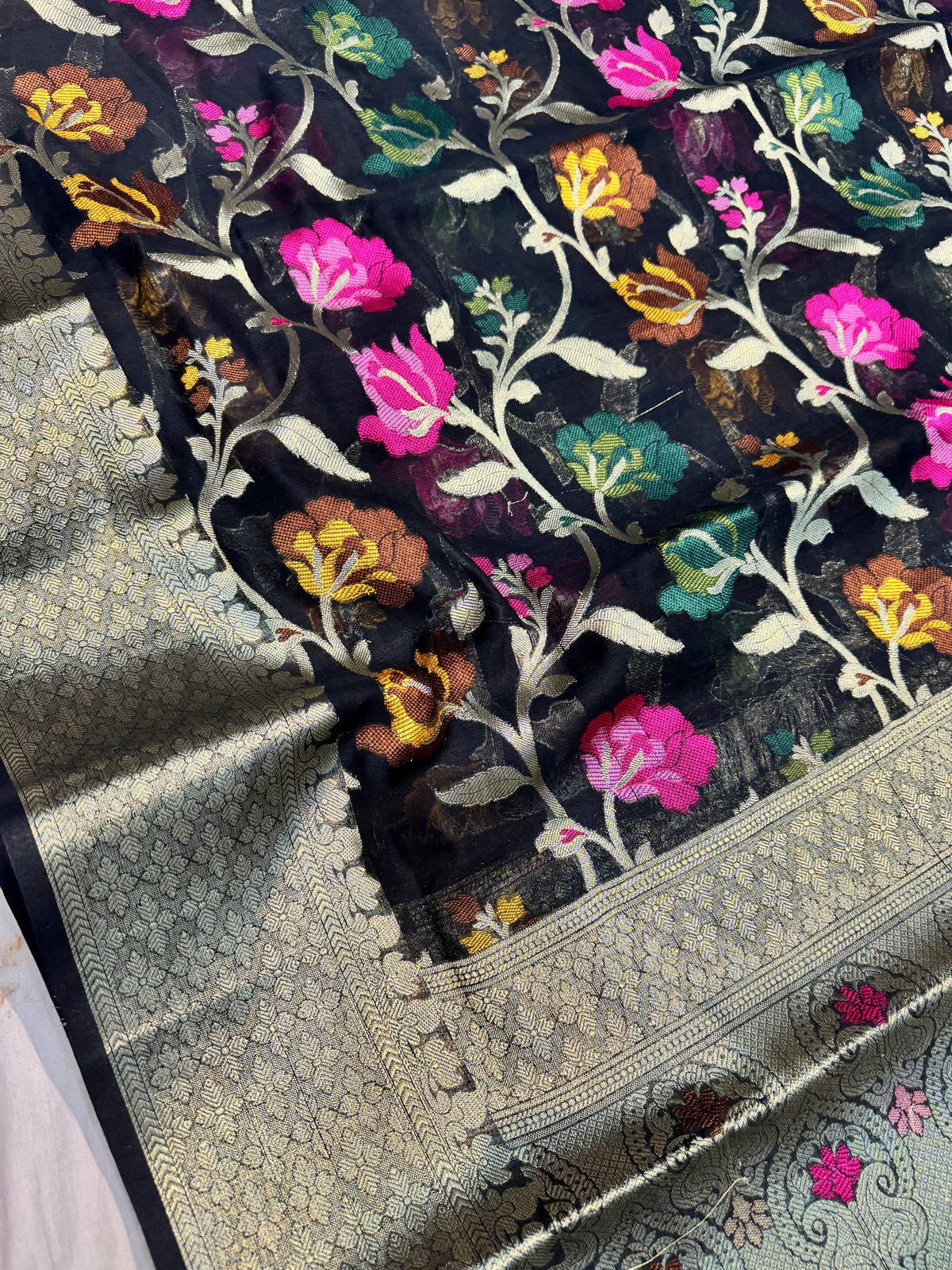 Black Banarasi Tussar Silk Saree