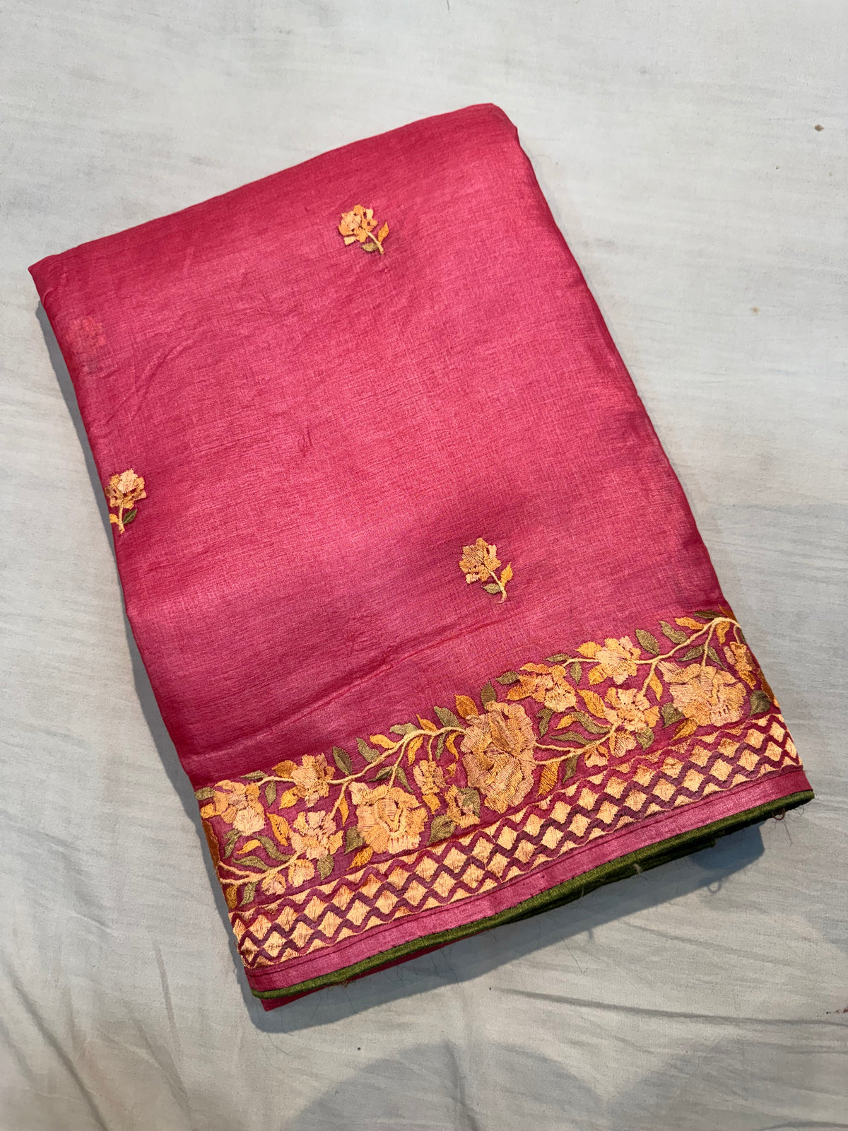 Reddish Pink Embroidery Tusser Silk Saree