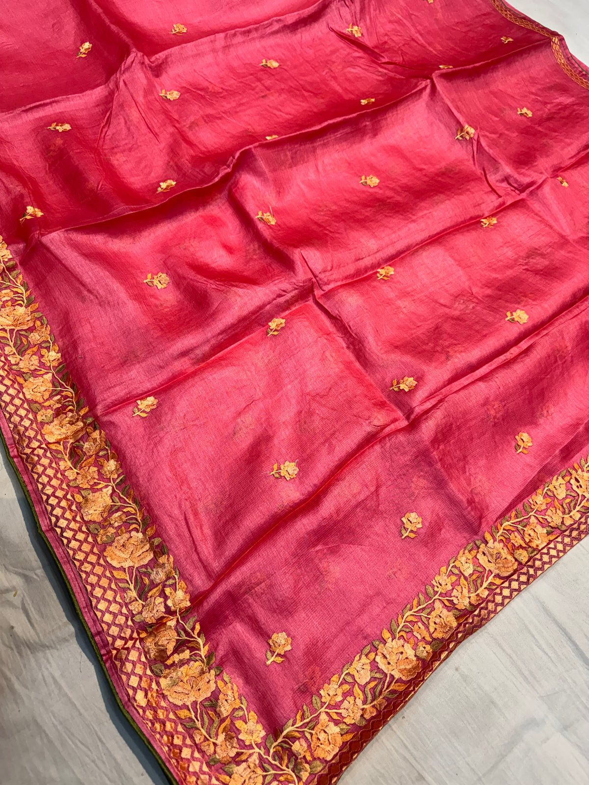 Reddish Pink Embroidery Tusser Silk Saree