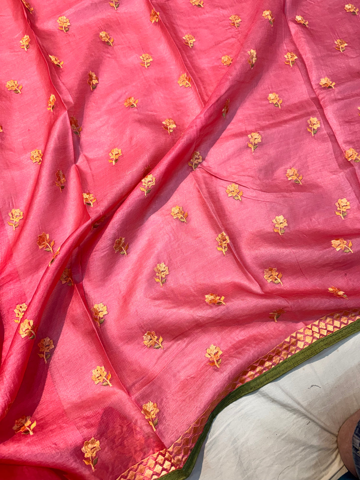 Reddish Pink Embroidery Tusser Silk Saree