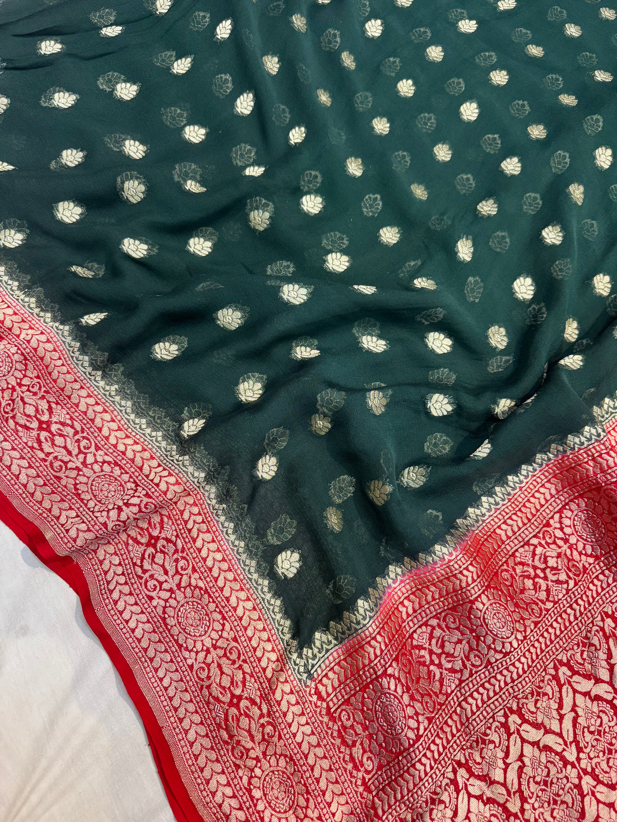 Deep Green Water Gold Zari Banarasi Pure Khaddi Georgette Silk Saree
