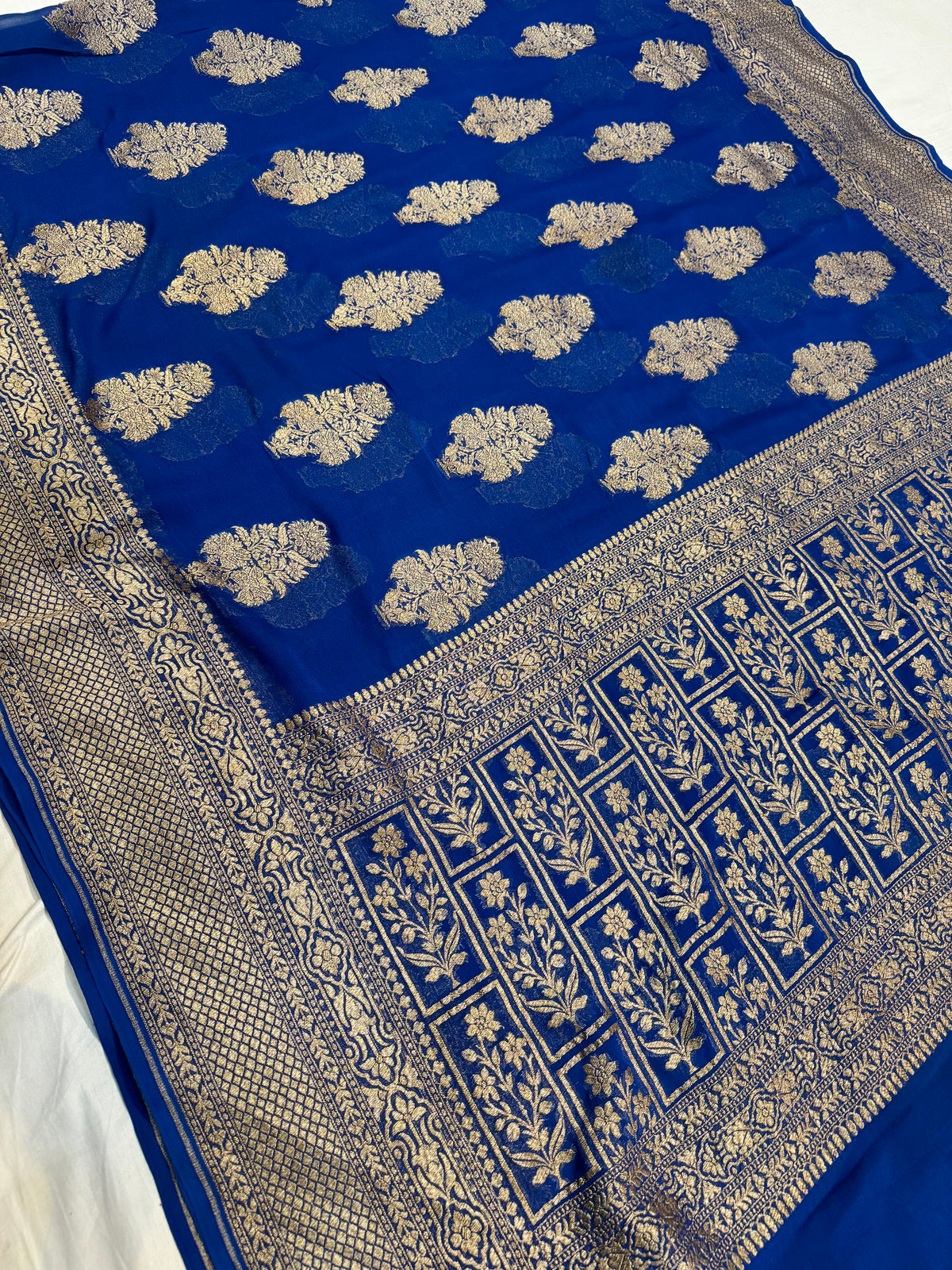 Blue Antique Zari Banarasi Handloom Pure Khaddi Georgette Silk Saree