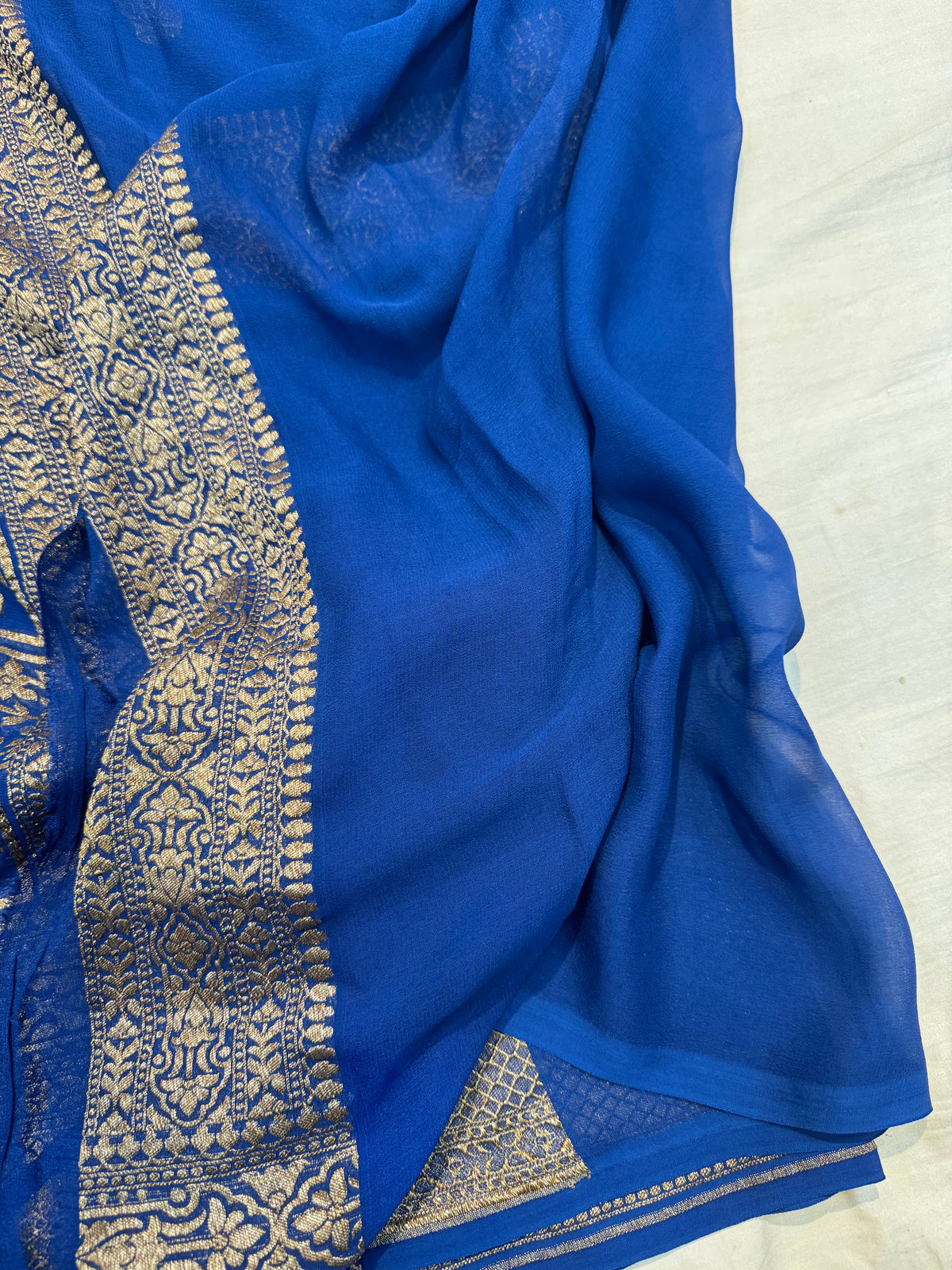 Blue Antique Zari Banarasi Handloom Pure Khaddi Georgette Silk Saree