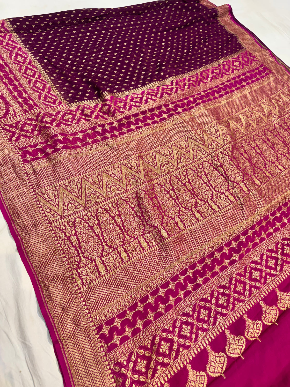 Deep Purple Antique Zari Banarasi Pure Khaddi Georgette Silk Saree
