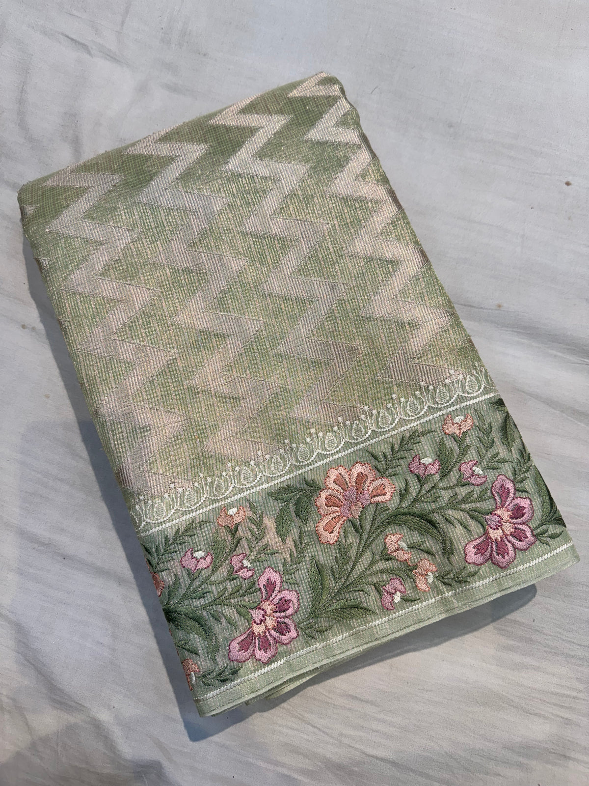 Sage Green Kota Tissue Silk Saree with Embroidered Border