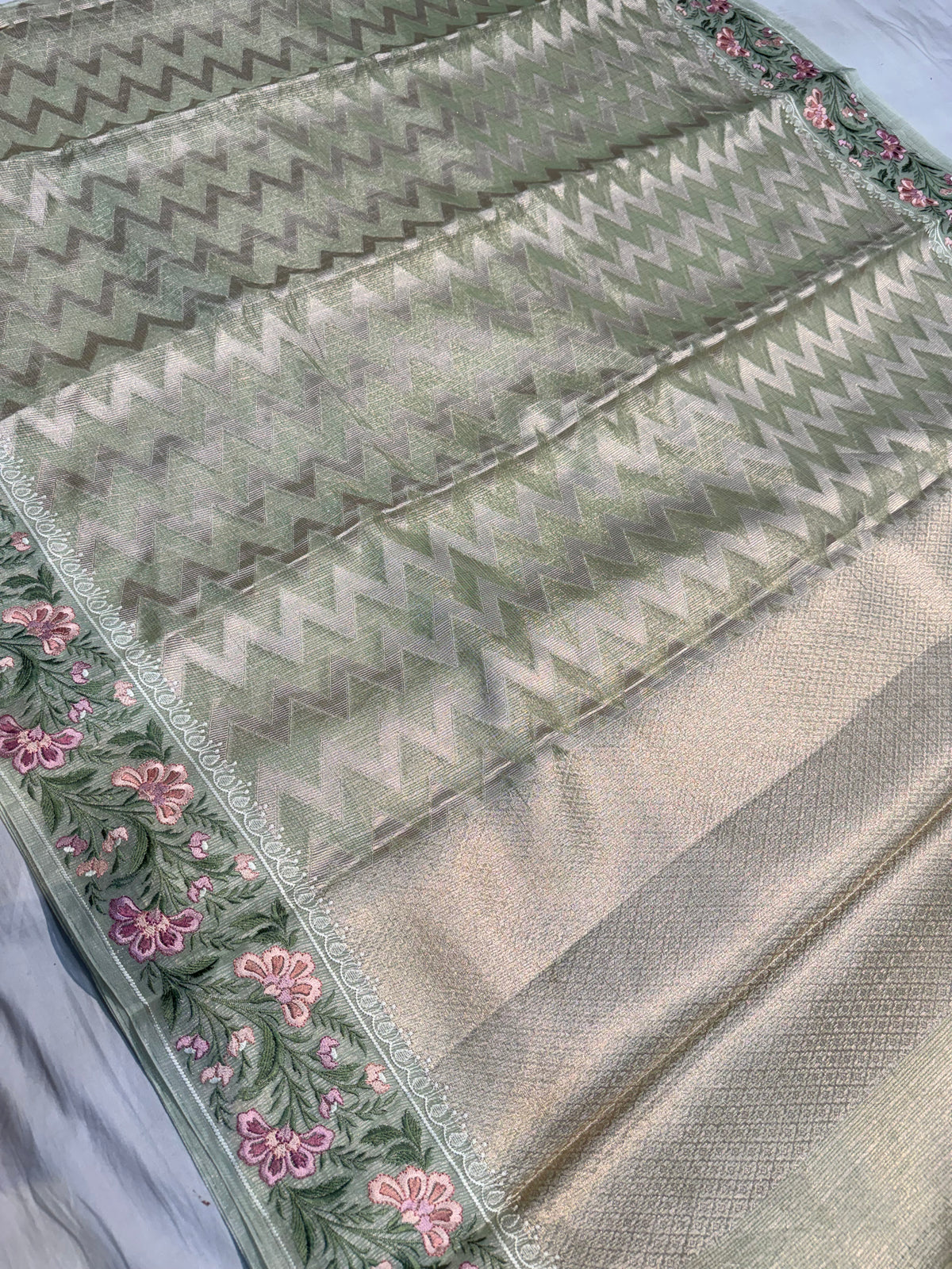 Sage Green Kota Tissue Silk Saree with Embroidered Border