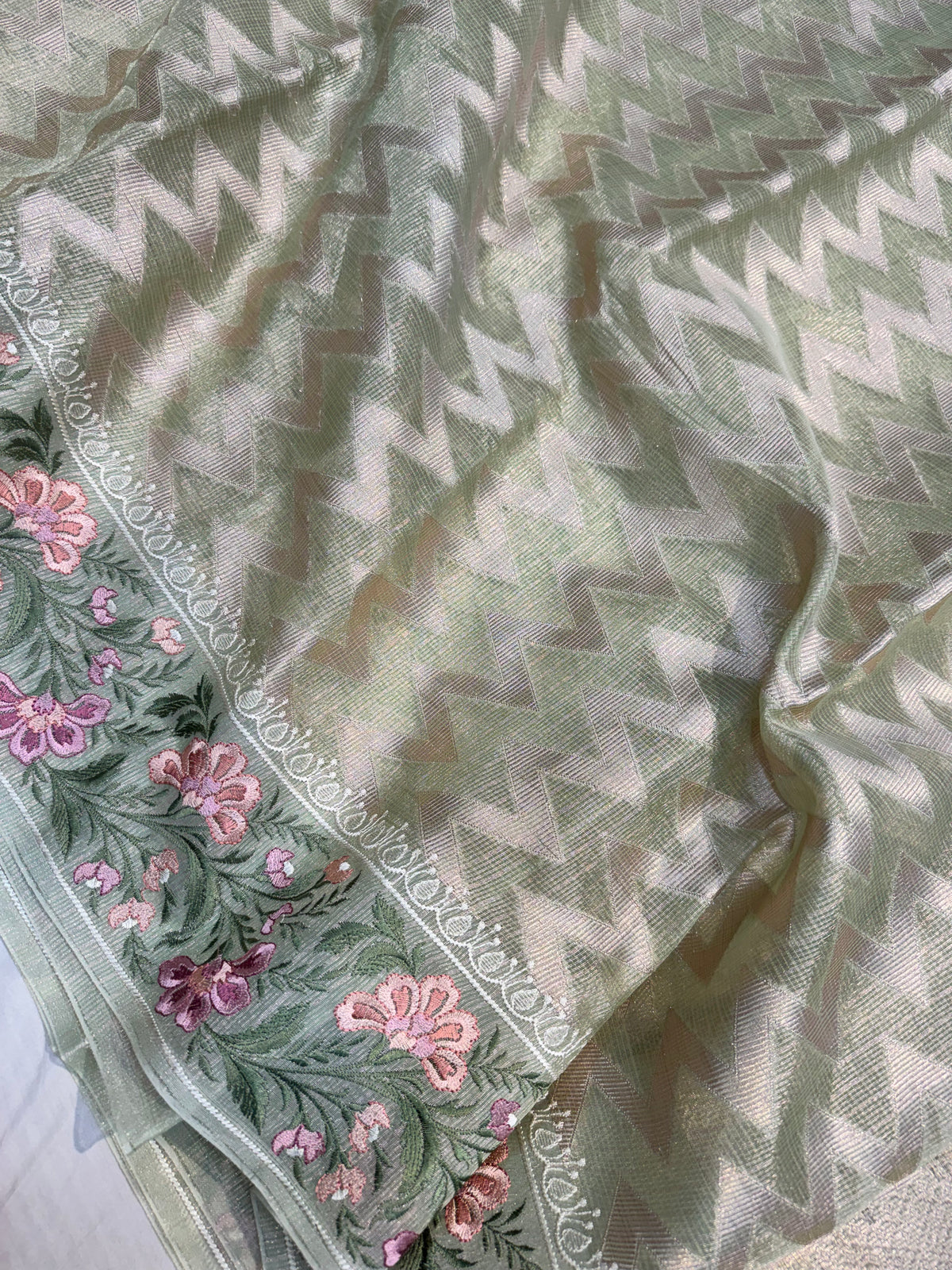 Sage Green Kota Tissue Silk Saree with Embroidered Border