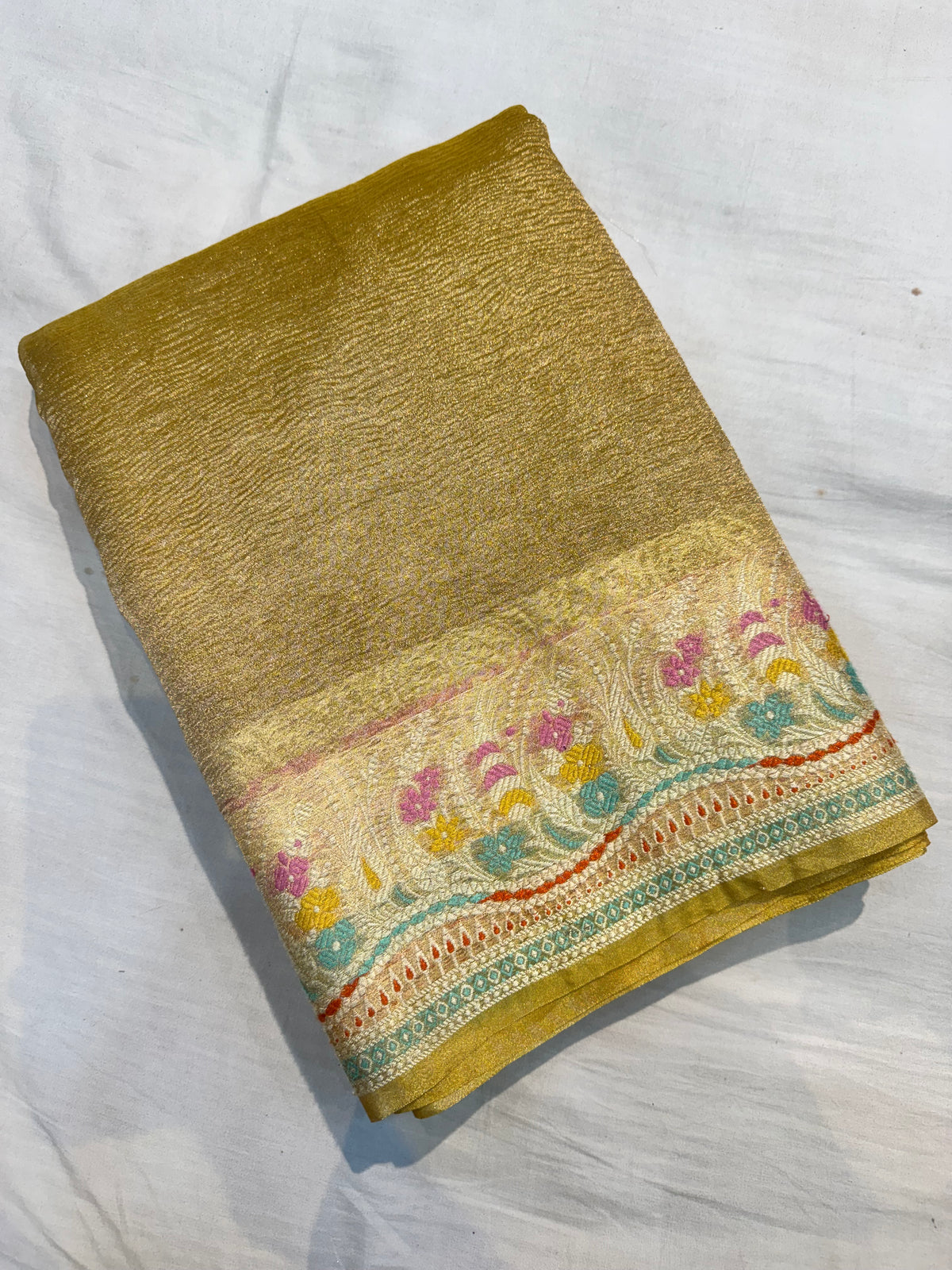 Yellow Beautiful Soft Banarasi Crush Tissue Silk Saree