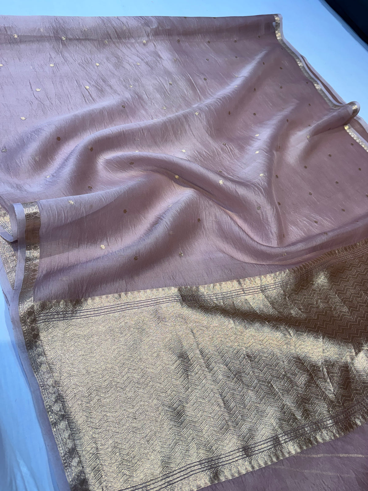 Dusty Pink Buti Banarasi Pure Kora Silk Saree