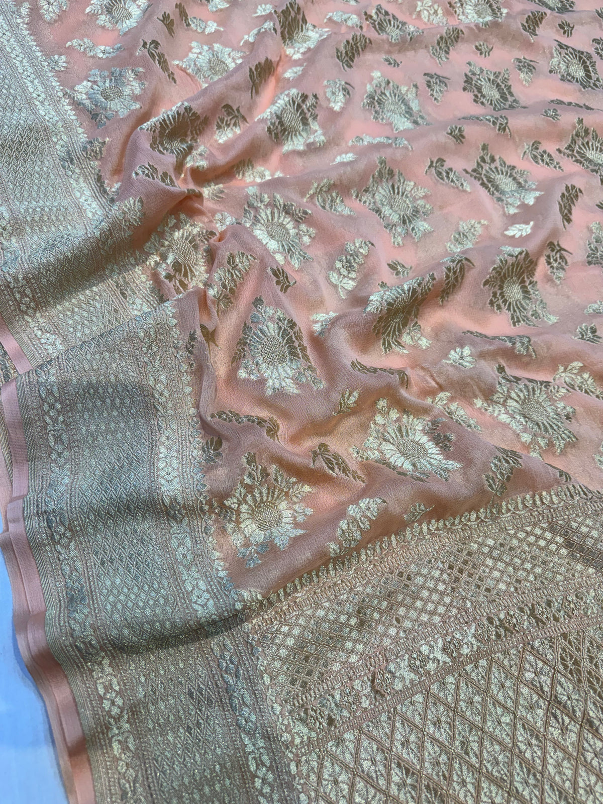 Peach Water Gold Banarasi Handloom Pure Khaddi Georgette Silk Saree