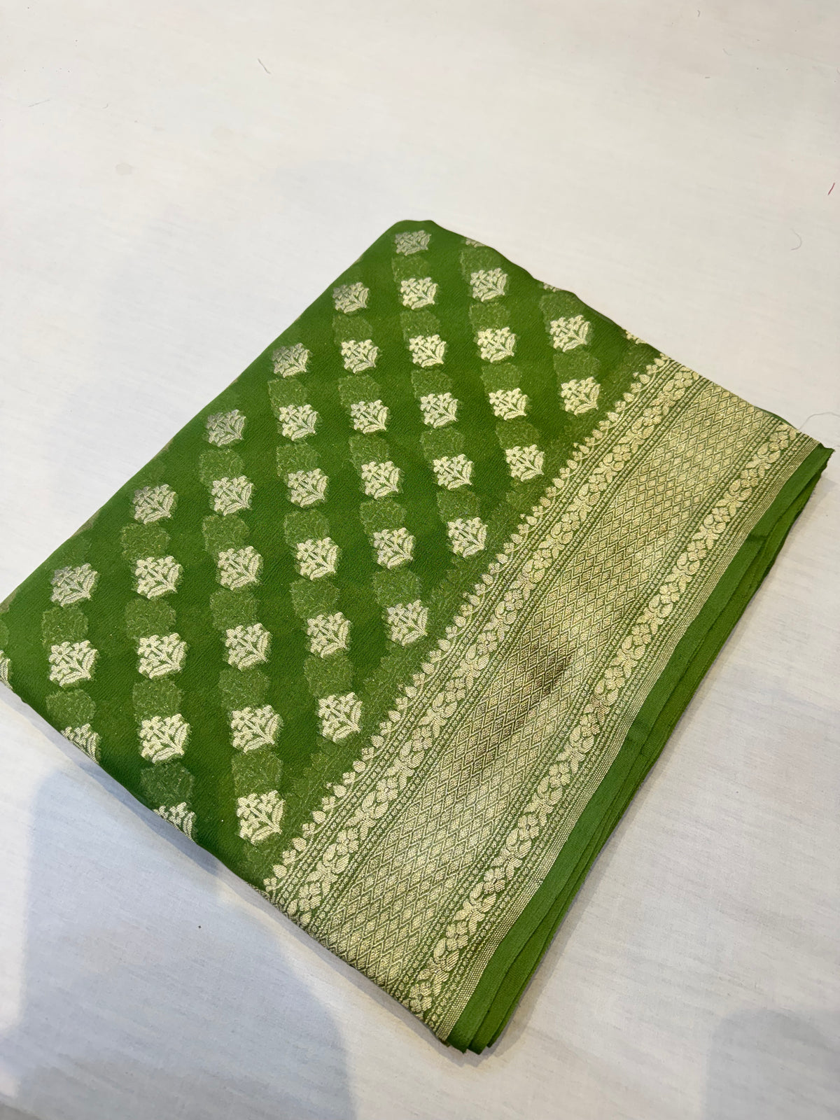 Green Water Gold Zari Banarasi Handloom Pure Khaddi Georgette Silk Saree