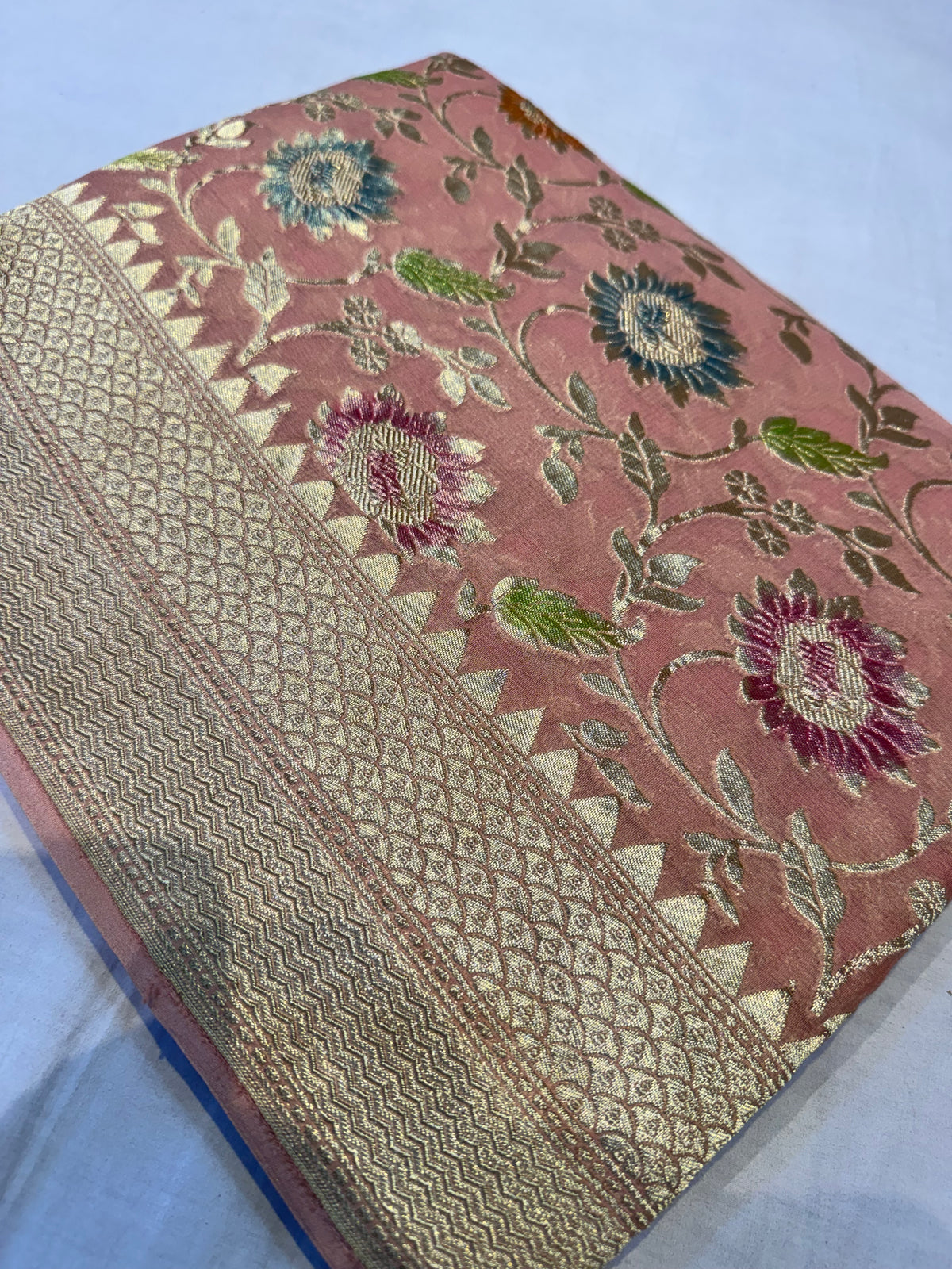 Dusty Rose Handbrush Meena Banarasi Pure Khaddi Georgette Silk Saree