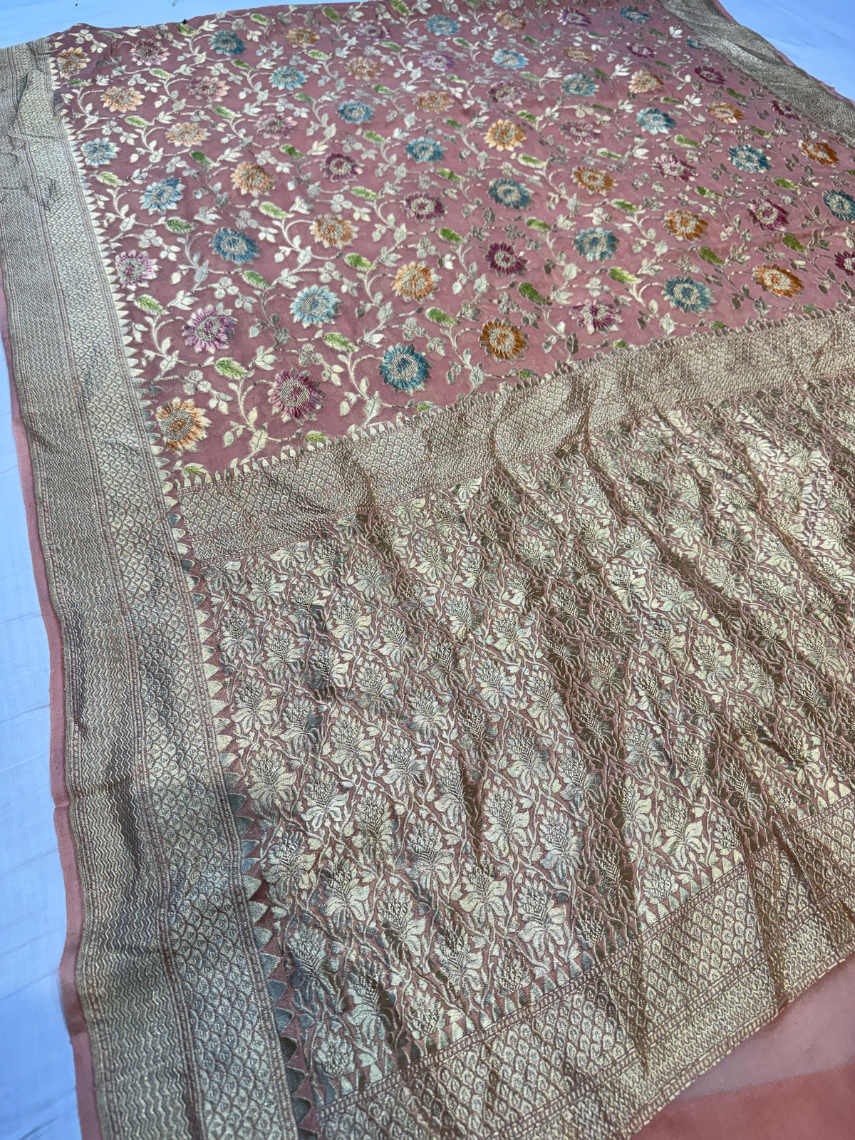 Dusty Rose Handbrush Meena Banarasi Pure Khaddi Georgette Silk Saree